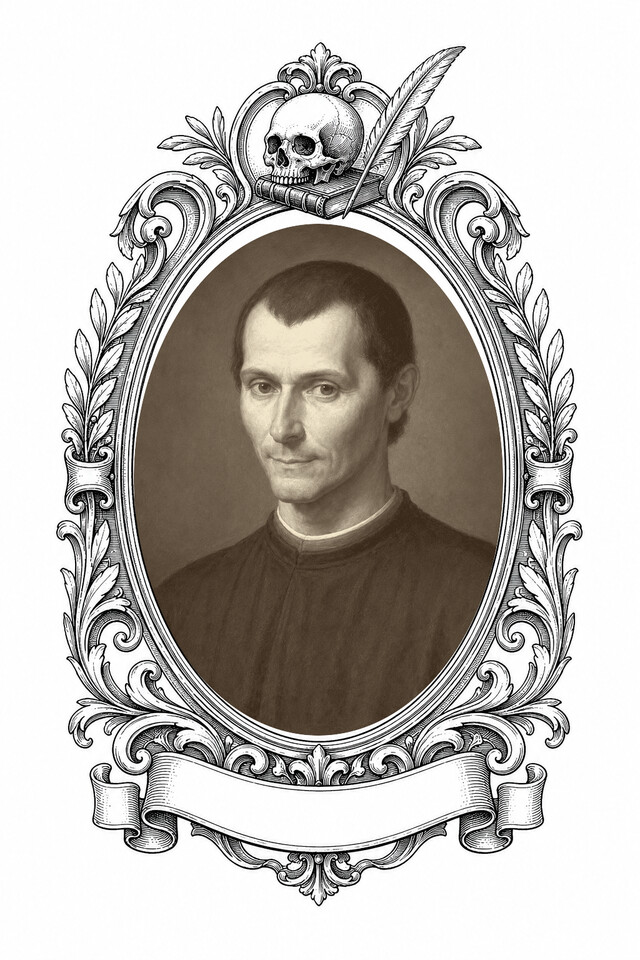 Niccolò Machiavelli in sepia, after the portrait by Santi di Tito, set in an engraved oval frame crowned with a skull, a book and a quill.