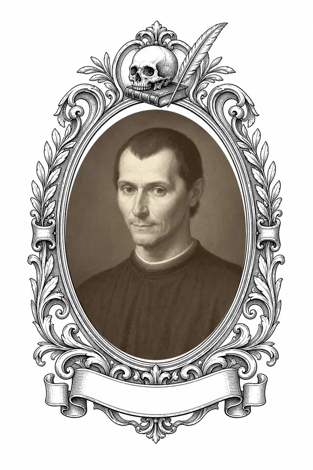 Niccolò Machiavelli in sepia, after the portrait by Santi di Tito, set in an engraved oval frame crowned with a skull, a book and a quill.